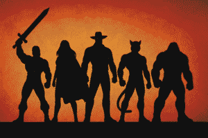 Silhuetas representando He-Man, She-Ra, Thundercats, Bravestarr e Defensores da Terra, os super-heróis mais lembrados da TV dos anos 80.