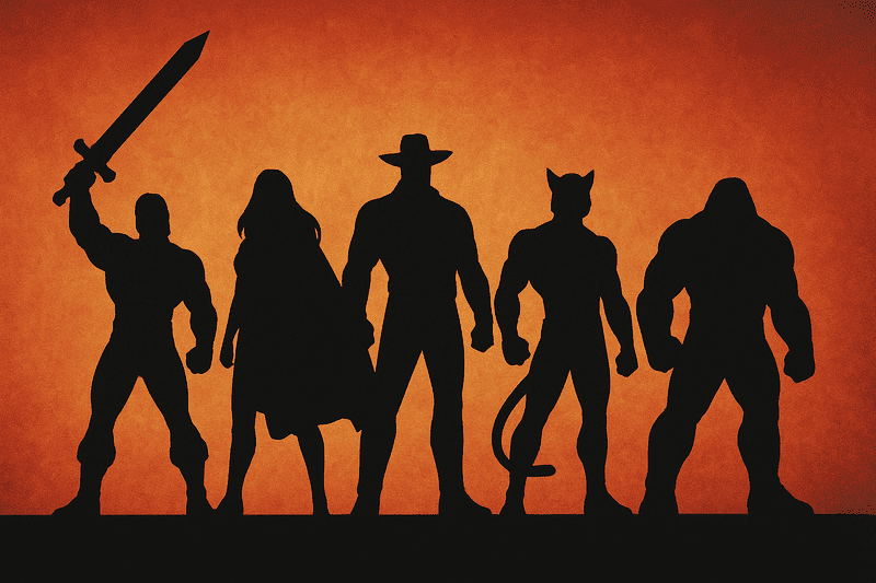 Silhuetas representando He-Man, She-Ra, Thundercats, Bravestarr e Defensores da Terra, os super-heróis mais lembrados da TV dos anos 80.