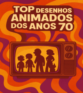 Personagens clássicos dos desenhos animados dos anos 70 como Scooby-Doo, Flintstones e He-Man em estilo retrô.