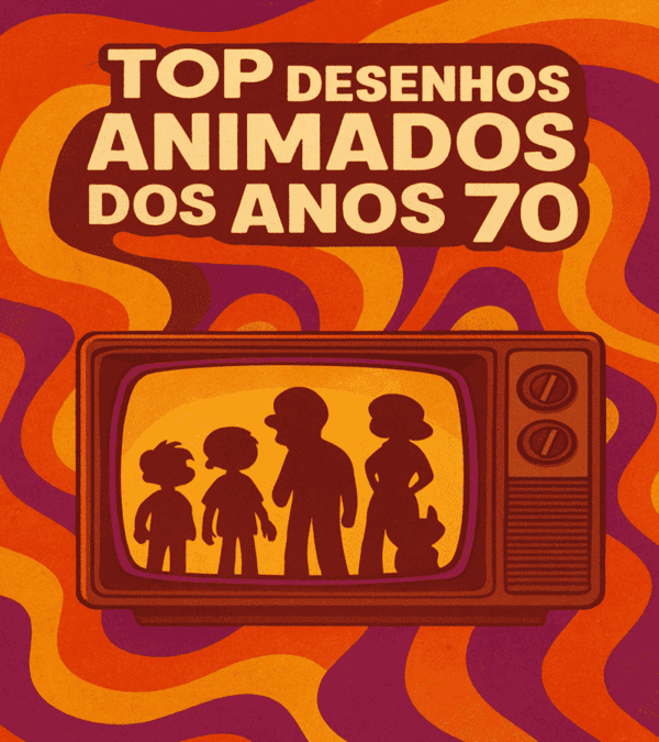 Personagens clássicos dos desenhos animados dos anos 70 como Scooby-Doo, Flintstones e He-Man em estilo retrô.
