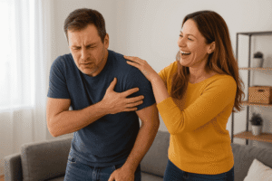 Homem e mulher rindo de forma bem-humorada das dificuldades da vida depois dos 40 anos