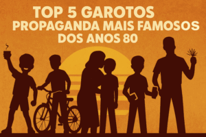 Silhuetas ultrarrealistas dos garotos propaganda mais famosos dos anos 80, incluindo Nescau, Caloi, Monange, Chocolate Surpresa e Carlos Moreno da Bombril