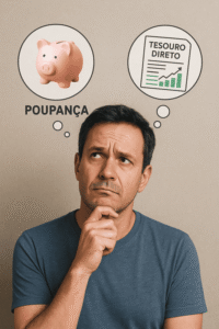 Homem de cerca de 40 anos pensando entre Tesouro Direto e Poupança, com ícones de cofrinho e título do Tesouro acima da cabeça representando dúvida de investimento.
