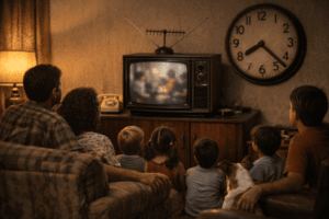 Família brasileira reunida assistindo a novela Roque Santeiro nos anos 80